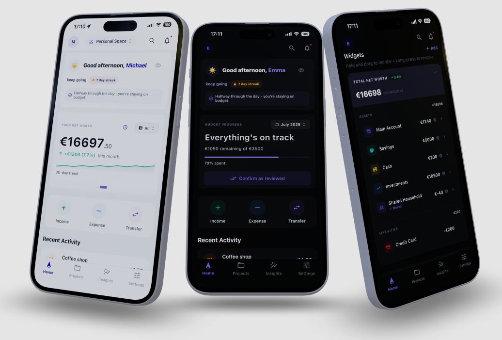 Ambrosia app interface showing budgeting and asset management